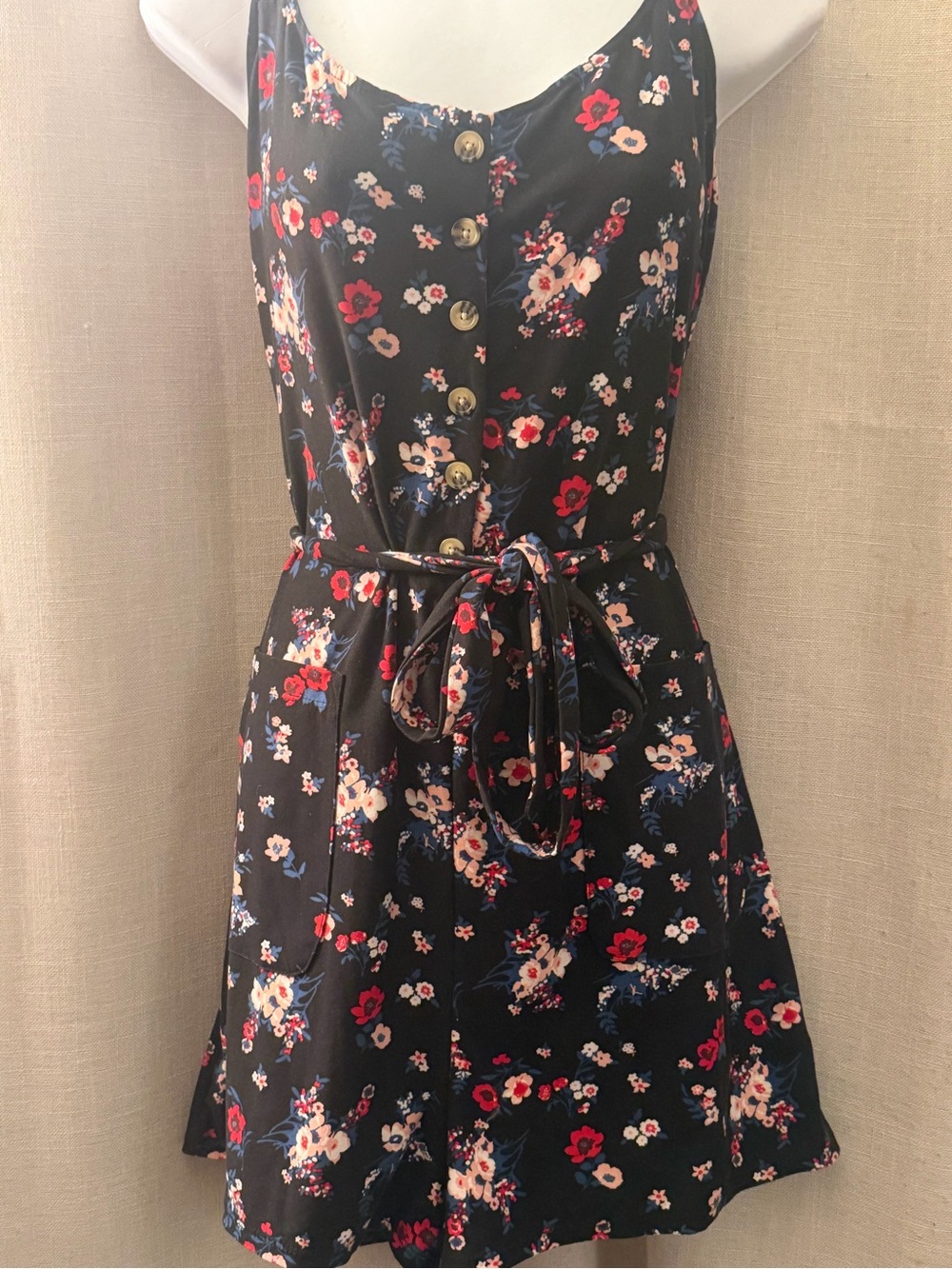 No Boundaries Black Floral Button-Front Mini skort with Tie Waist
